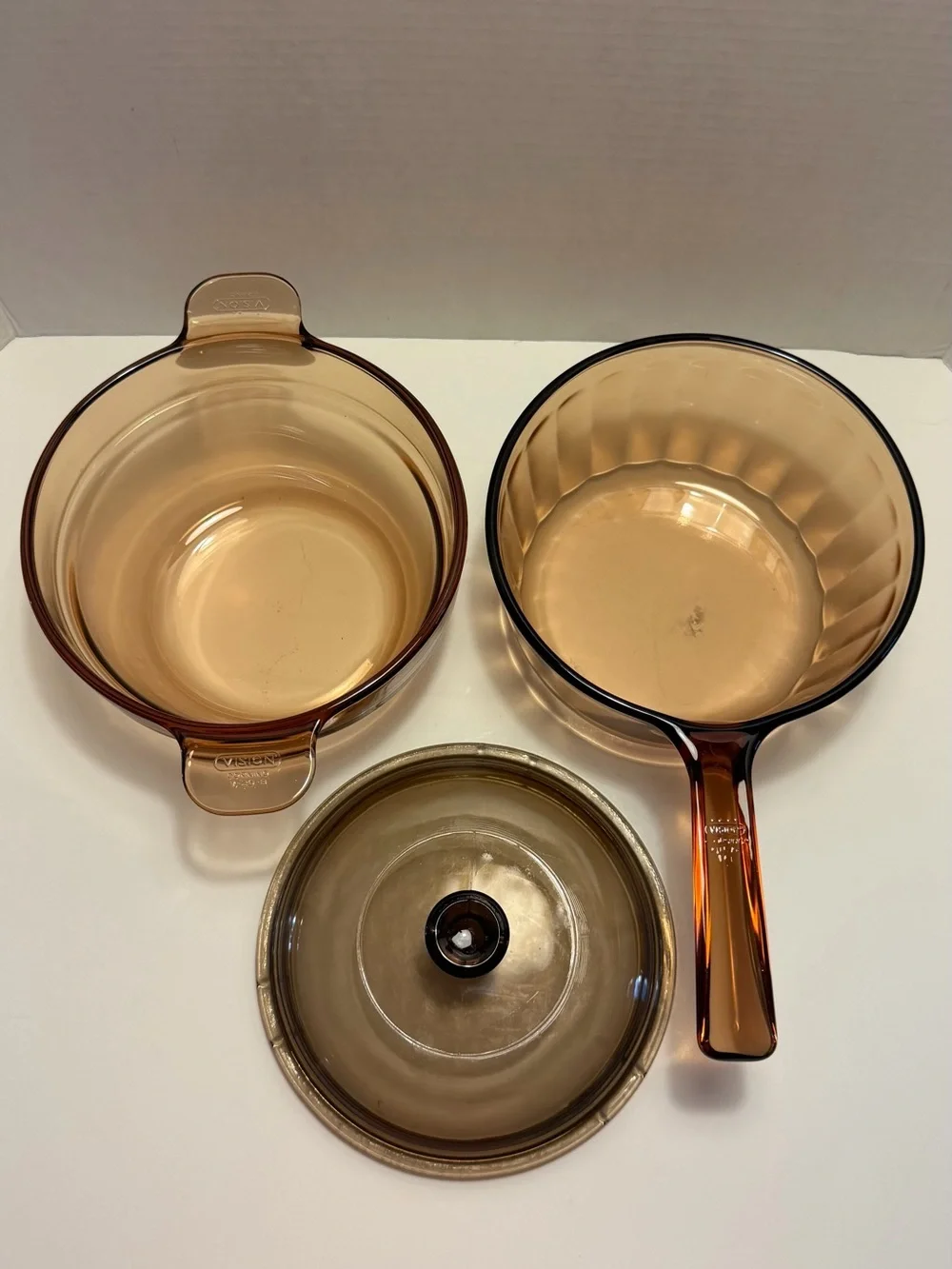 Vintage Corning VISION France Amber Glass Double Boiler 1.5L Pan + Insert + Lid